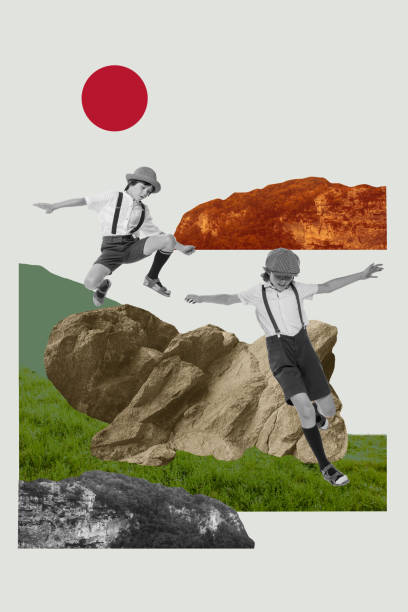 istock Positive, active boys, kids in retro clothes having fun, playing outdoors, jumping over rocks on warm summer day. Contemporary art collage. 2101831046