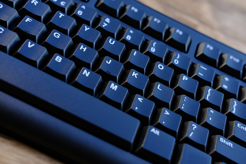 close-up black keyboard, office environment, computer peripherals, computer technologies and the IT industry, online learning, digital work routine, blogging and social media