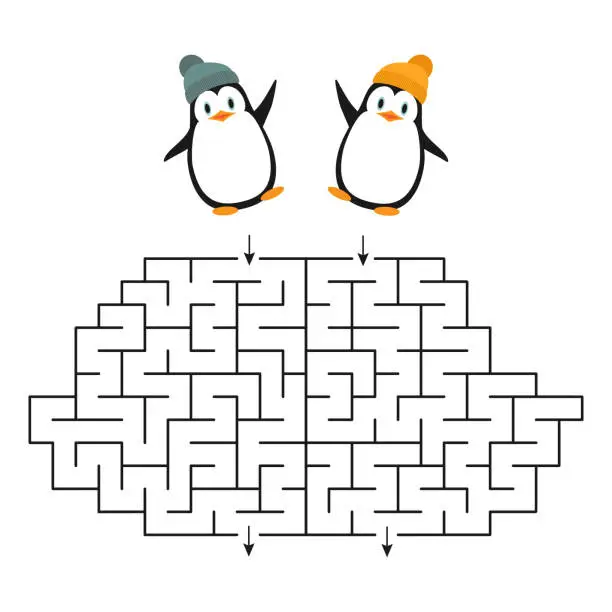 Vector illustration of Vector game - a labyrinth for two with cute cartoon penguins for teaching children. Who can find the way out of the maze faster for the penguin