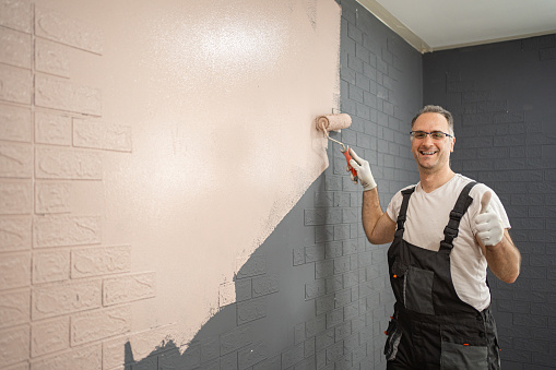 Happy mid adult men painting apartment wall using paint roller