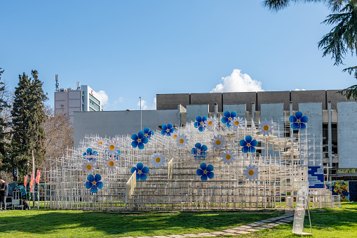 Tirana, Albania. 14 March 2024. Large flowers on display for Summer Day celebrations in Tirana