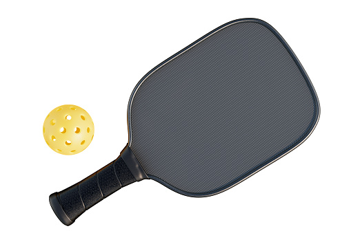 Black racket and yellow pickleball ball on isolated background. 3d rendering