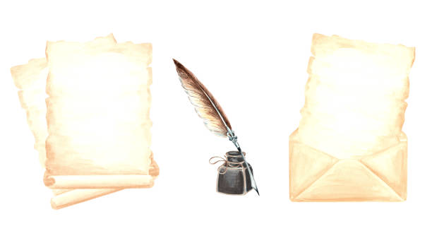 Set of vintage writing supplies. Parchment paper sheets and open envelope, feather pen and inkwell. Hand drawn watercolor illustration of papyrus. Letter stationery. Isolated graphic design elements. Set of vintage writing supplies. Parchment paper sheets and open envelope, feather pen and inkwell. Hand drawn watercolor illustration of papyrus. Letter stationery. Isolated graphic design elements clip art of scroll quill stock illustrations