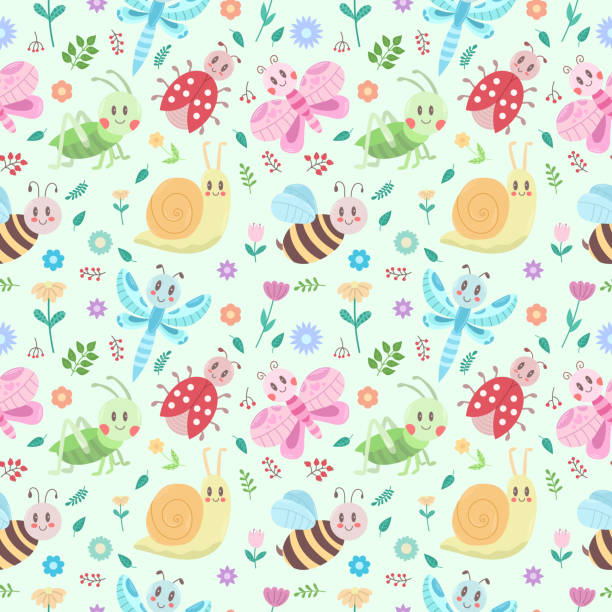귀여운 곤충, 꽃, 나뭇잎이 있는 완벽 한 패턴입니다. 메뚜기, 잠자리, 나비, 무당벌레, 꿀벌, 달팽이. 벡터 - ant comedian stock illustrations