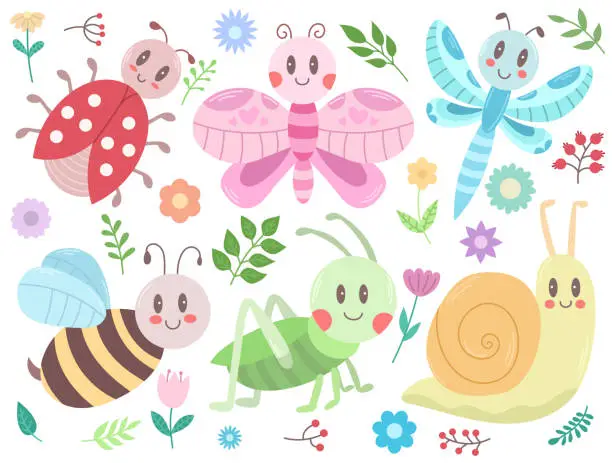 Vector illustration of Set with cute kawaii insects, flowers and twigs with leaves - ladybug, grasshopper, bee, snail, butterfly, dragonfly. Vector illustration, easy to edit