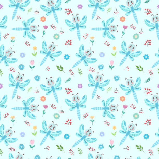 하늘색 배경에 아이들의 두려움, 꽃과 나뭇잎이 있는 귀여운 패턴입니다. 벡터 원활한 디자인 - ant comedian stock illustrations