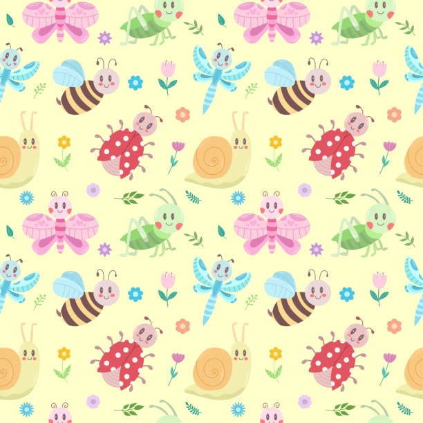 seamless pattern with cute insects, flowers and leaves. grasshopper, dragonfly, butterfly, ladybug, bee, snail. vector - ant comedian stock illustrations