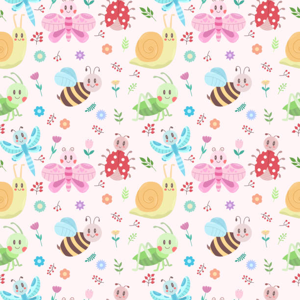 seamless pattern with cute insects, flowers and leaves. grasshopper, dragonfly, butterfly, ladybug, bee, snail. vector - ant comedian stock illustrations
