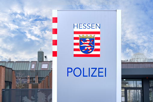 modern police office with information banner, Public safety, community service in Hesse, law and order keeps our communities safe in Frankfurt, Germany - March 4, 2024