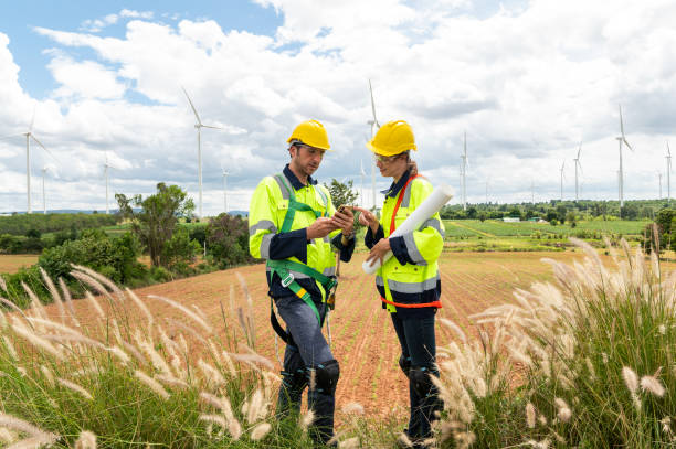 Engineering people are meeting at electrical turbines field, Engineering people, corporate working, teamwork concept