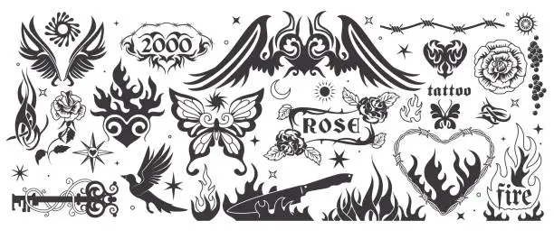 Vector illustration of Y2k fire. Flame elements, gothic girly and tribal fonts, angel and heart in 90s style, line tattoo. Black butterfly and knife. Modern retro decorative elements. Vector icons, exact illustration