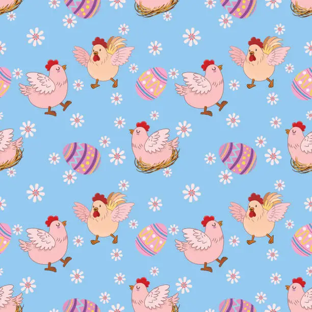 Vector illustration of Cute hen and cock with Easter egg and flowers pattern.