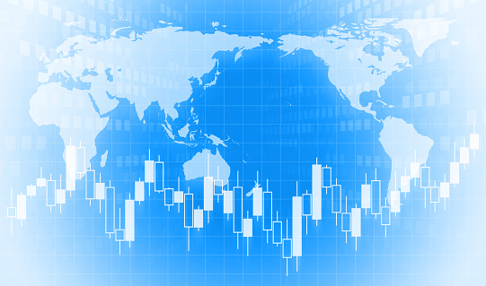 An illustration of a world map centered on Asia and candlesticks arranged in a data bank space, for finance, stock related, etc.