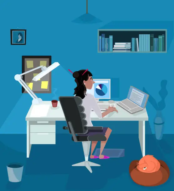 Vector illustration of Working from home with the company of the cat. Project manager. Free lancer worker. Designer. Good for motion design - all elements in different layers - woman