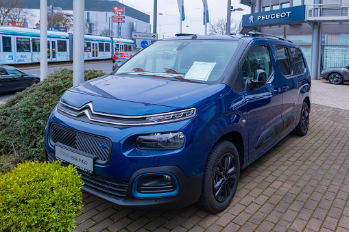 blue Citroen E-Berlingo stylish and spacious electric van in parking lot, French manufacturer PSA Citroen, automotive industry, Sustainable Transportation show in Frankfurt, Germany - March 4, 2024