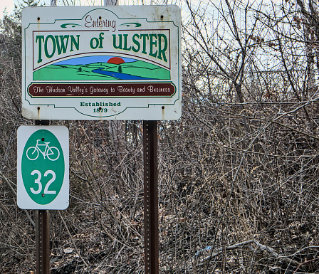 Ulster, NY - March 17, 2024: Town of Ulster sign next to bike trail entrance in Hudson Valley, New York.