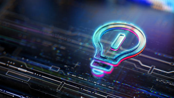 Glowing light bulb and CPU on mother board. New ideas evolution. Futuristic light bulb icon in world of technological progress and innovation. CGI 3D render