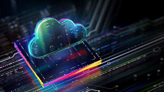 Cloud computing concept. Digital cloud CPU on mother board. Productivity evolution. Futuristic cloud icon in world of technological progress and innovation. CGI 3D render