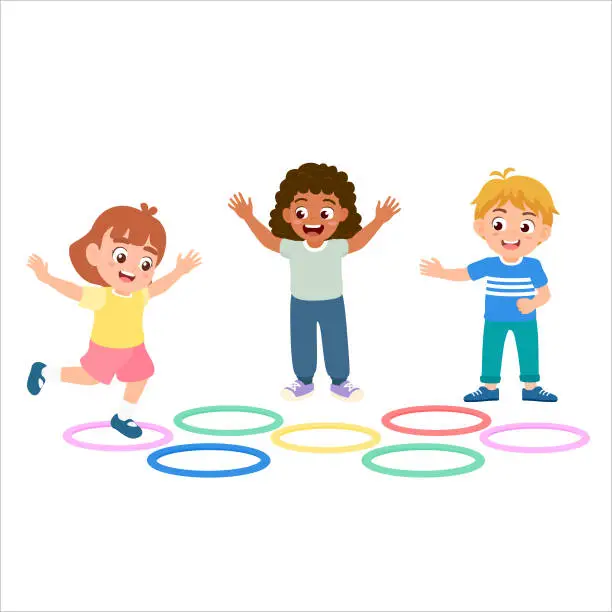 Vector illustration of Kids outdoor play jumping hopscotch game which is for gross motor development of children. Flat vector illustration.