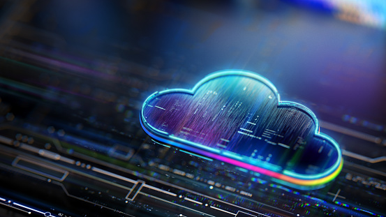 Cloud computing concept. Digital cloud CPU on mother board. Productivity evolution. Futuristic cloud icon in world of technological progress and innovation. CGI 3D render