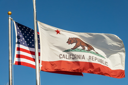 California Republic bear flag and US american flags floating on poles side by side
