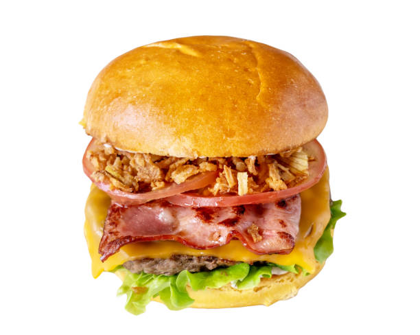 istock Cheeseburger with bacon lettuce fried onions beef tomatoes and cucumbers on white isolated background. 2102005324