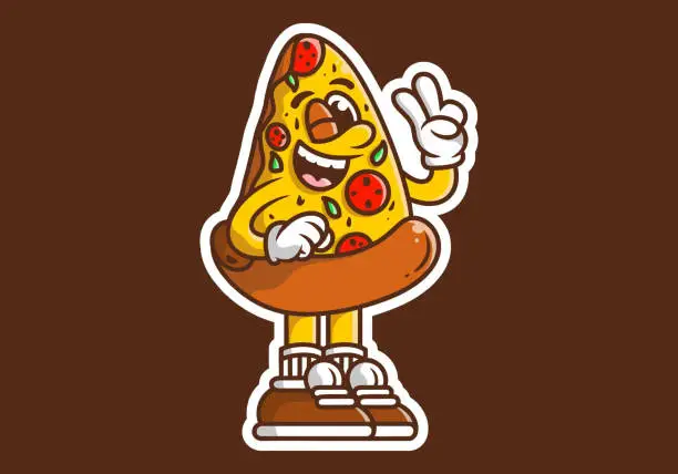 Vector illustration of Mascot character illustration of a pizza with hand forming peace symbol