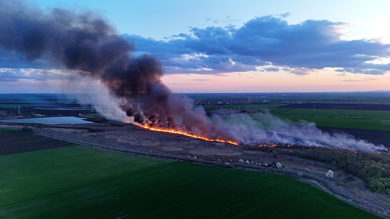 A fire in the field drone view