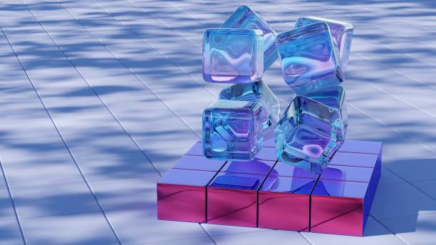 Digitally generated image of blue and purple particles swirling around an abstract futuristic glass cubes, creating a dynamic visual effect. Cloud technology, Innovation, Fintech and AI concepts. Merging technology and nature.
