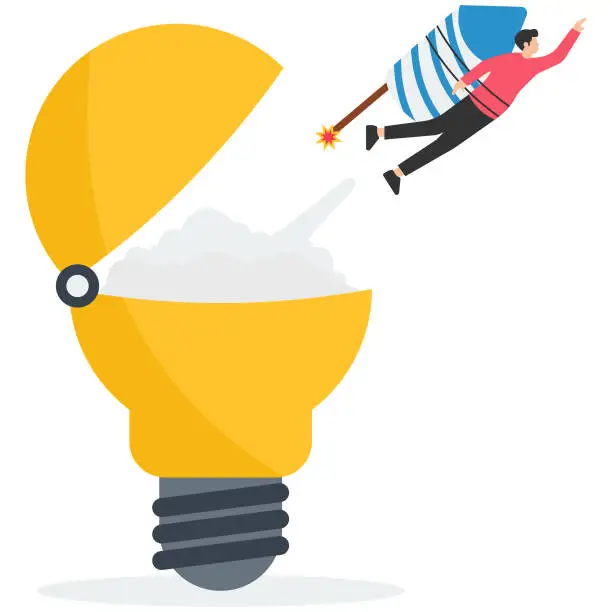Vector illustration of Innovation to launch new ideas, entrepreneurship or startup, Creativity to begin business or breakthrough ideas, Rocket launch flying, High from opening bright lightbulb ideas