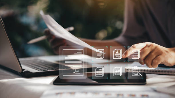 istock E-document management with e-signing. Electronic signature and paperless smart office technology for work flow concept. 2102030432