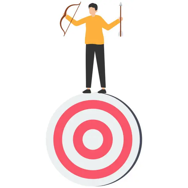 Vector illustration of Purpose driven, motivation to reach goal and success, Mission to achieve target or business strategy to drive success, Holding arrow and bow balance on target