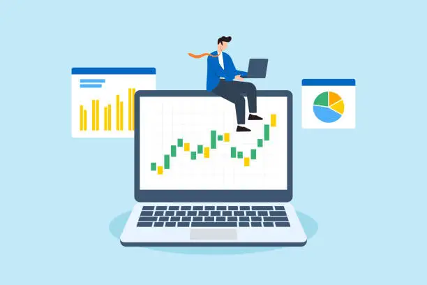 Vector illustration of Businessman using laptop to analyze forex trading graphs and financial data, illustrating cryptocurrency investing. Concept of technical analysis for investments, and studying stock market