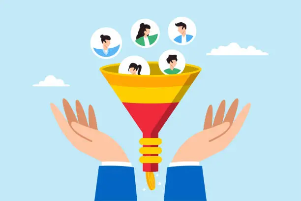 Vector illustration of Businessman hand holds marketing funnel, illustrating process of lead generation and converting potential customers into sales. Concept of attracting prospects, and converting into paying customers