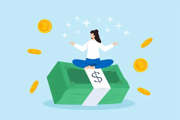 Vector illustration of Woman relaxing and meditating on pile of money banknotes while coins rain down. Concept of financial wellbeing, effective money management, savings, investment, and accumulating wealth