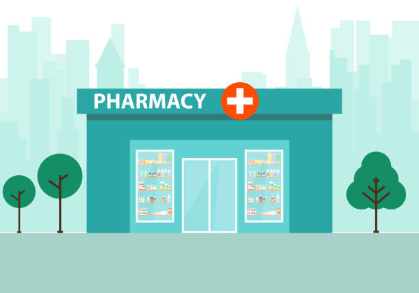 stockillustraties, clipart, cartoons en iconen met pharmacy building against the backdrop of the city silhouette. pharmacy icon on metropolis background. vector, design illustration. vector. - apotheek