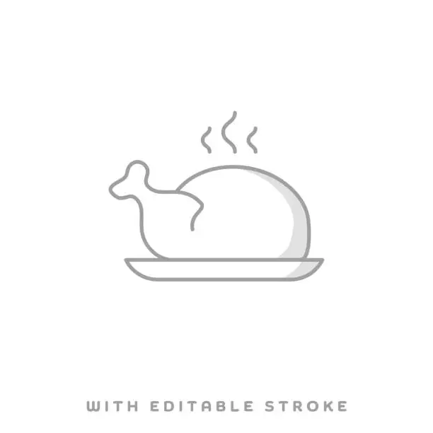 Vector illustration of Roasted Chicken Line Icon with Shadow and Editable Stroke