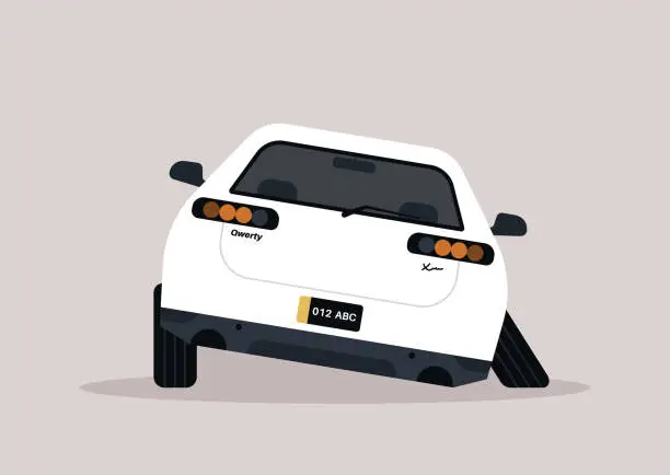 Vector illustration of Solitary Car Awaiting Rescue After Wheel Detachment, a white vehicle sits lopsided, one wheel detached, in a post-accident scene