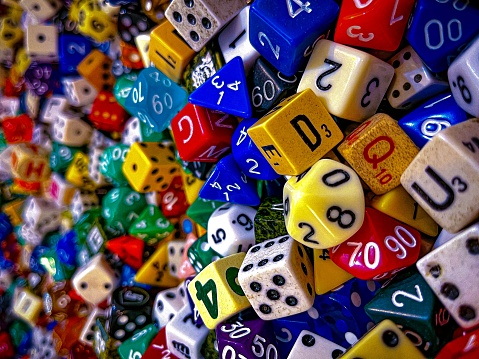 Close-up of collection of antique dice