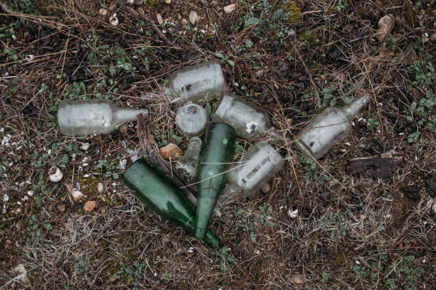 istock Garbage, glass bottles are lying on the ground 2102093130