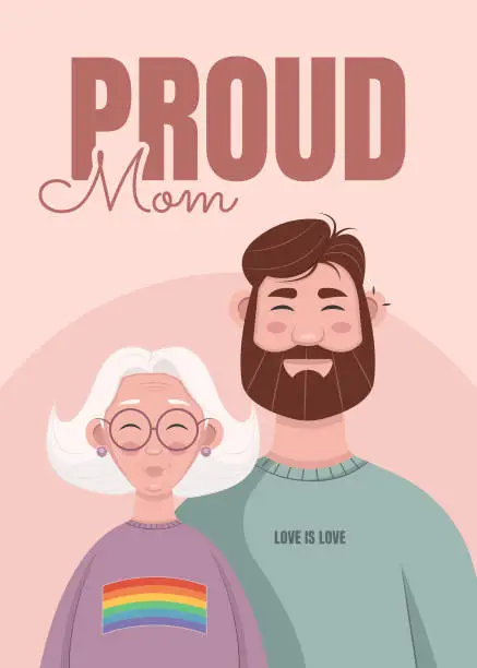 Vector illustration of LGBTQ Proud Mom. Vector illustration with mom and son. Pride month card.