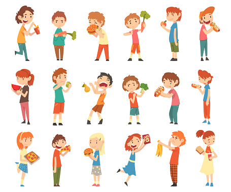 Little Kids Loving Fastfood and Rejecting Eating Healthy Food Big Vector Set. Children Displaying Eating Preference Concept