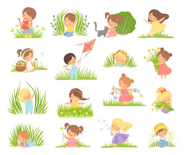 Vector illustration of Cute Little Boy and Girl Playing on Green Meadow Grass Big Vector Set