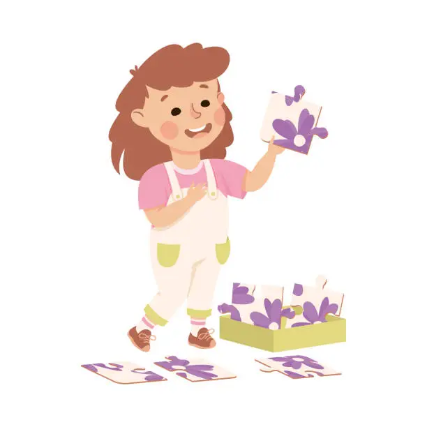 Vector illustration of Little Girl Playing Jigsaw Puzzle Assembling Mosaiced Pieces into Picture Vector Illustration