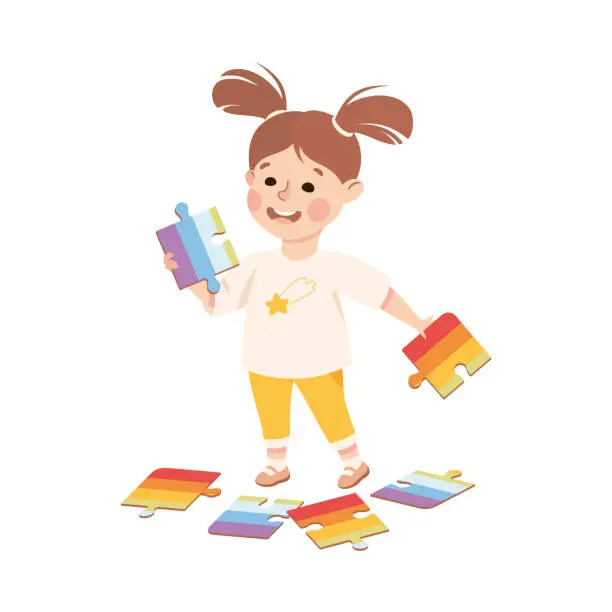 Vector illustration of Little Girl Playing Jigsaw Puzzle Assembling Mosaiced Pieces into Picture Vector Illustration