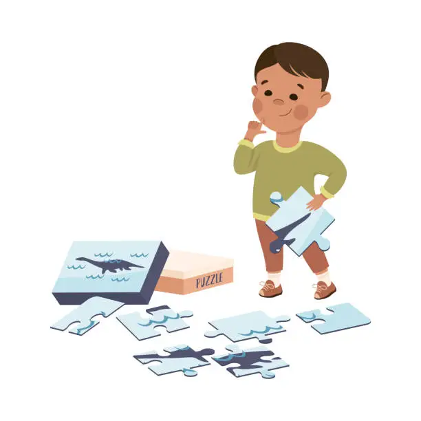 Vector illustration of Little Boy Playing Jigsaw Puzzle Assembling Mosaiced Pieces into Picture Vector Illustration