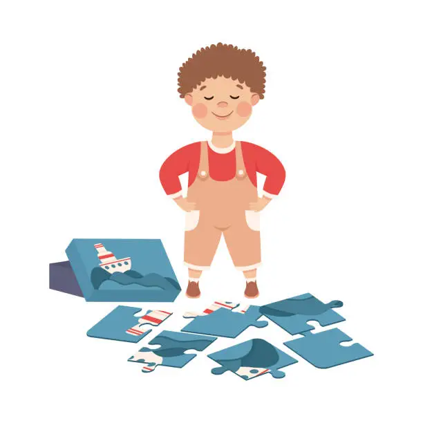 Vector illustration of Little Boy Playing Jigsaw Puzzle Assembling Mosaiced Pieces into Ship Picture Vector Illustration