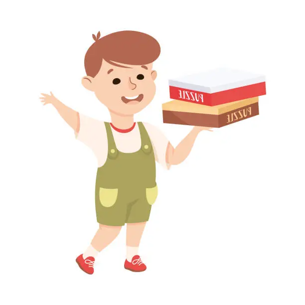 Vector illustration of Little Boy Holding Box with Jigsaw Puzzle Ready for Assembling Mosaiced Pieces into Picture Vector Illustration