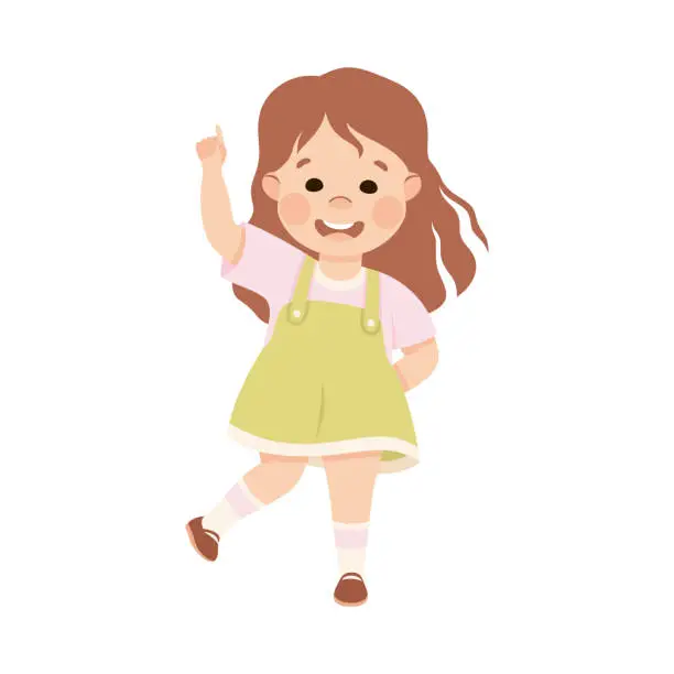 Vector illustration of Smiling Girl Character Pointing at Something with Her Finger Vector Illustration