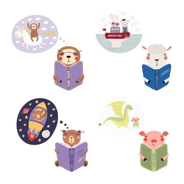 Vector illustration of Set of cute reading animals